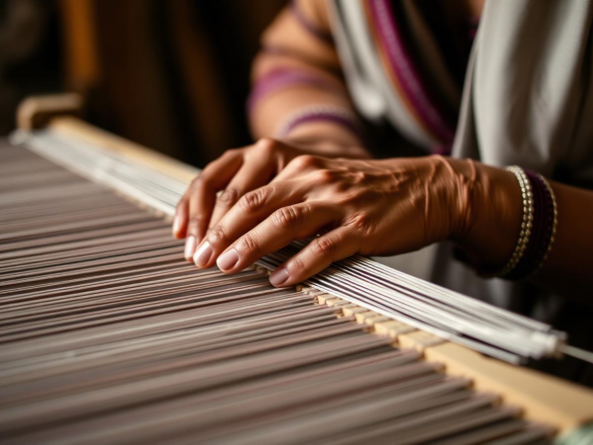 Hands of a weaver on a handloom